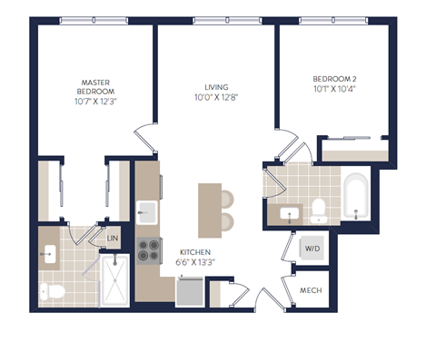 Floor plan for 2 beds, 2 baths, 788 sqft